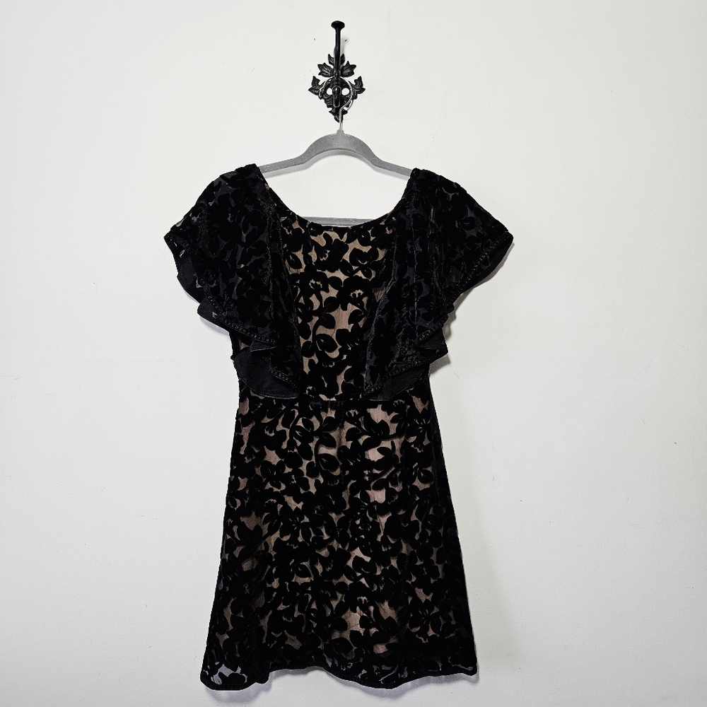 Anthropologie Foxiedox Floral Velvet Mini Dress Size XS Black Flutter Sleeve